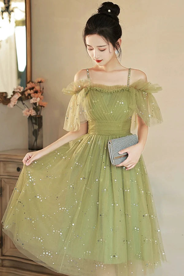 Wholesale Green Spaghetti Strap Tulle Short Prom Dress Charming Knee Length A-Line Party Dress